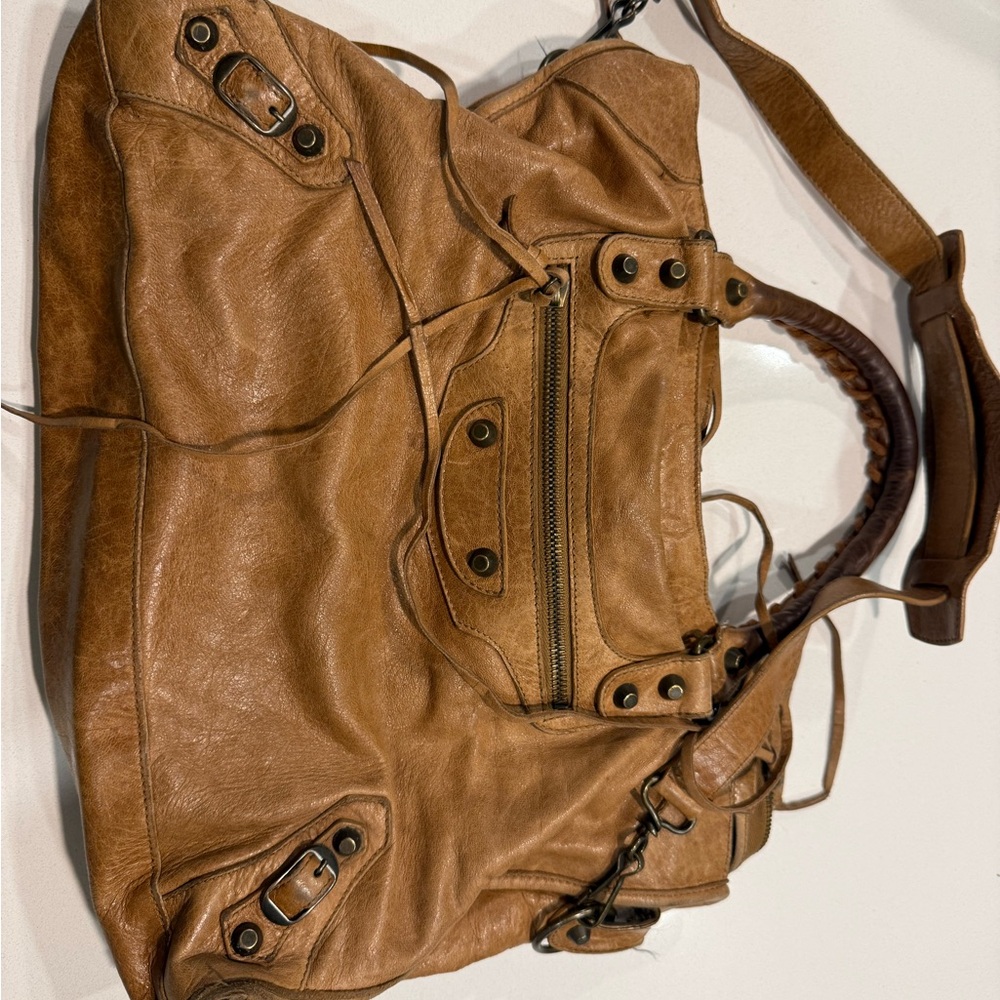 Balenciaga Tan Distressed Leather Shoulder Bag